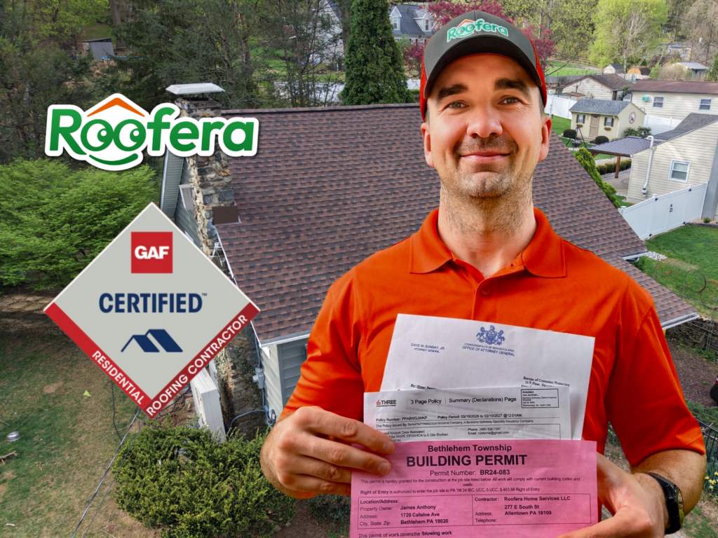 A composite marketing photo shows a Roofera contractor holding documents—including a Bethlehem Township building permit (BR24-083) and a Berkshire Hathaway insurance policy summary—while standing in front of a residential roof replacement project. In the upper-left, the green Roofera logo and the red-and-white GAF Certified Residential Roofing Contractor badge are overlaid.