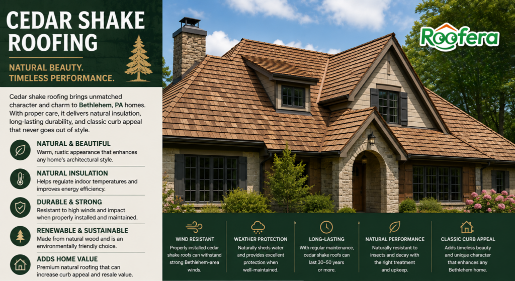 Cedar shake roofing installed on a luxury Bethlehem, PA home featuring natural wood texture, rustic curb appeal, and timeless architectural style.
