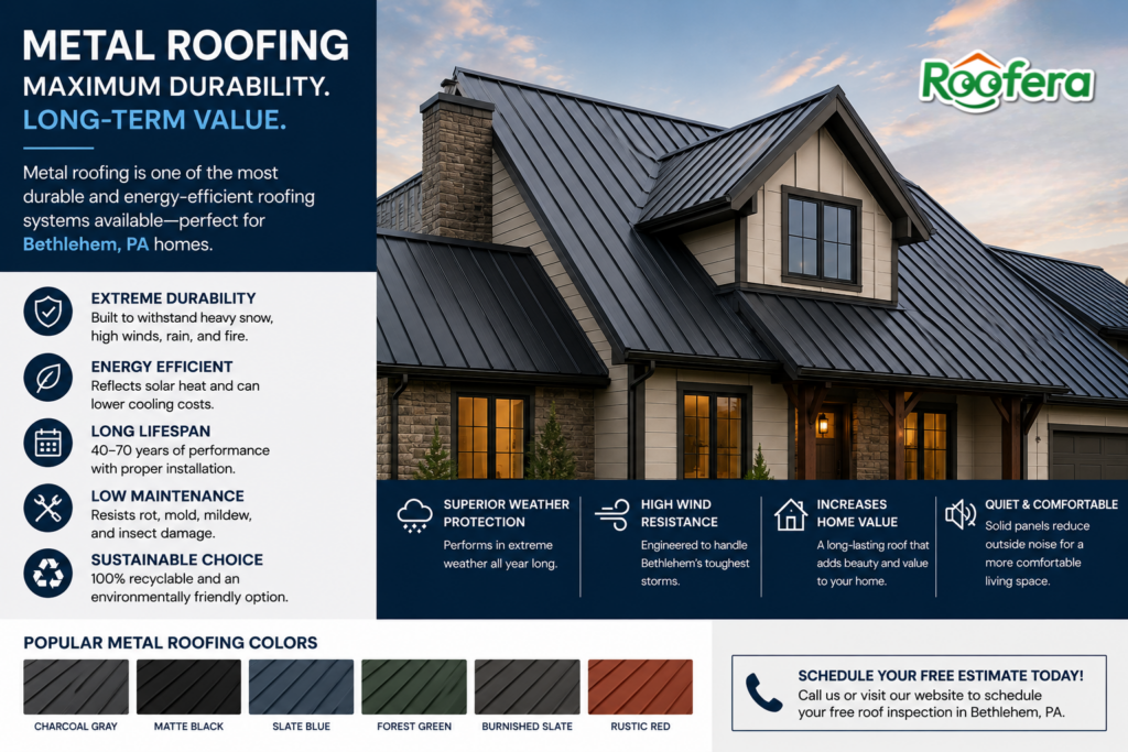 Modern standing seam metal roof installed on a Bethlehem, PA home showcasing durability, energy efficiency, and long-term weather protection.