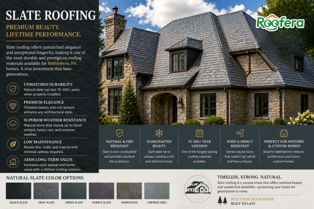 Natural slate roofing installed on a luxury Bethlehem, PA home featuring timeless stone texture, premium curb appeal, and long-lasting durability.
