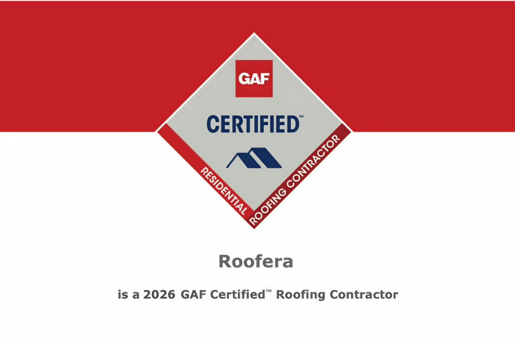 Official GAF certification document stating that Roofera is a 2026 GAF Certified Residential Roofing Contractor. The certificate includes the GAF Certified logo, mentions the GAF System Plus Limited Warranty, and is signed by Bobby Fischer, VP of Partner Programs.
