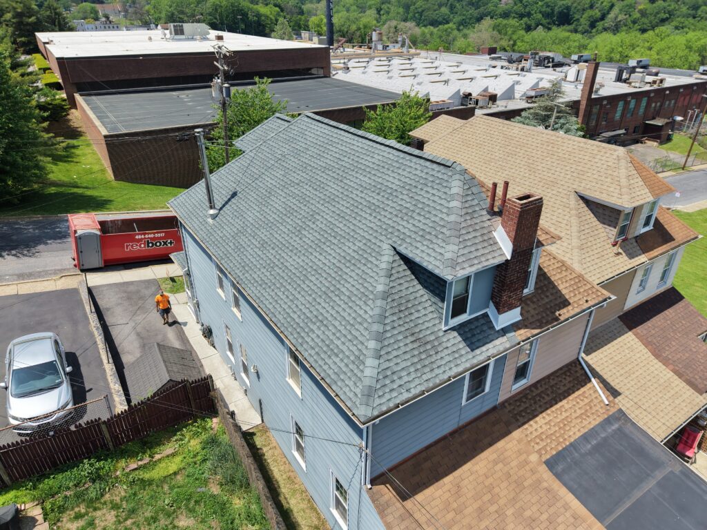 After roof installation on First St townhouse in Easton PA with new GAF Timberline UHDZ Slate shingles by Roofera