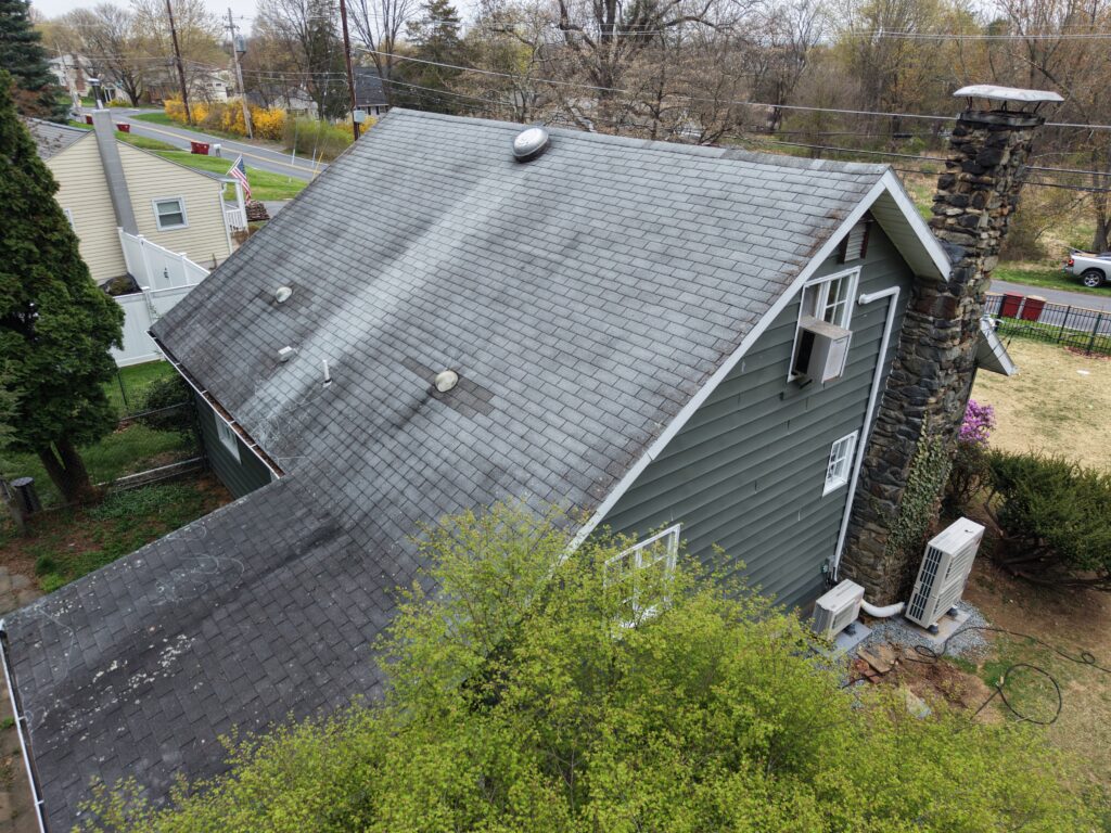 efore photo — single family roof replacement in Easton PA on Frost Hollow Rd showing original roof on 100-year-old home prior to replacement by Roofera