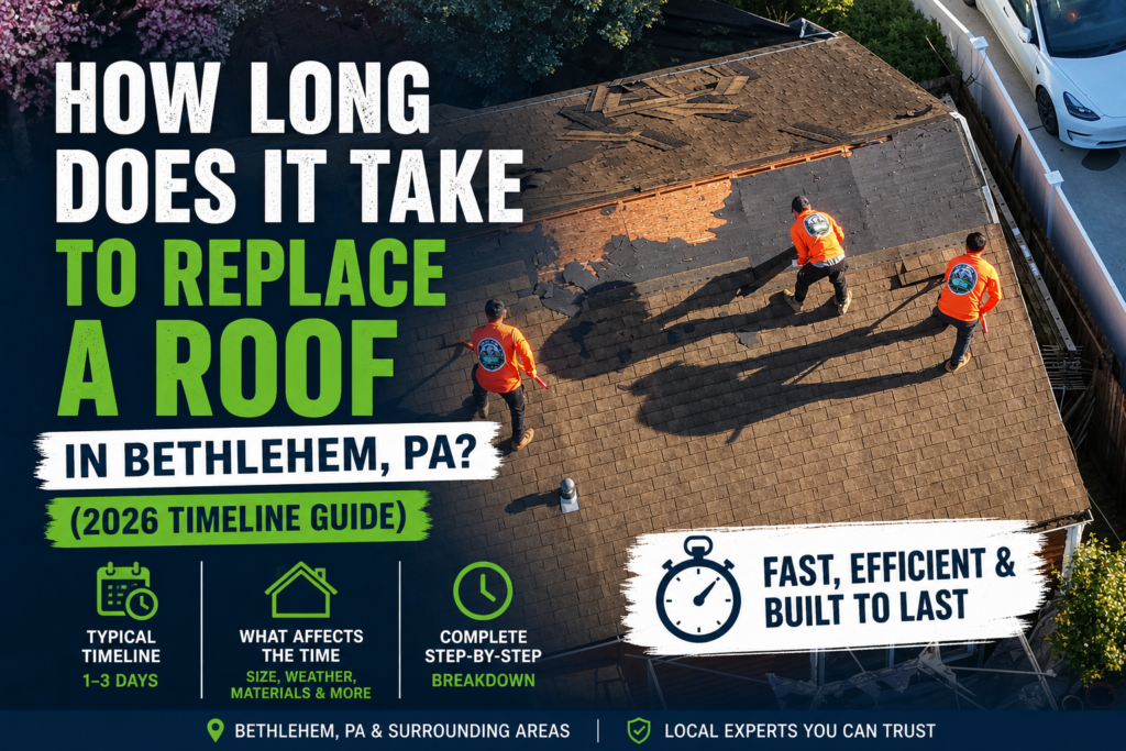 roof replacement timeline bethlehem pa workers removing old shingles