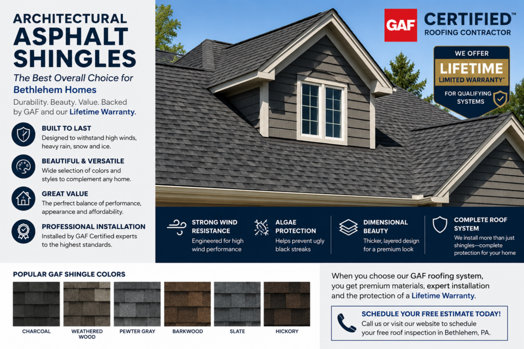 GAF architectural asphalt shingle roof installed on a Bethlehem, PA home with Lifetime Warranty protection.