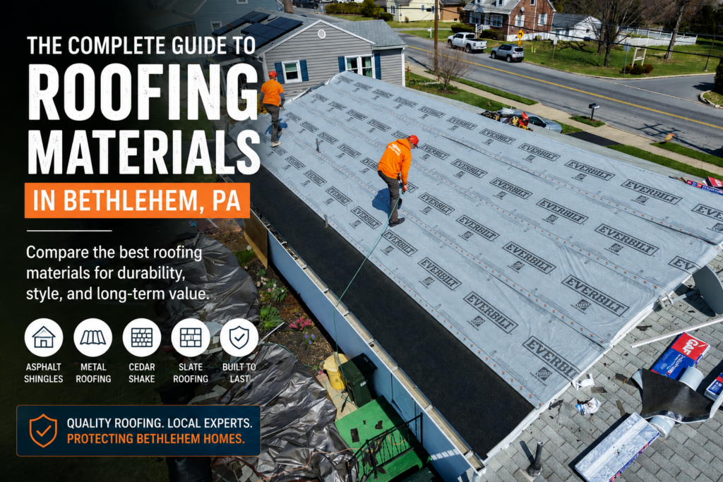 Aerial view of a residential roof replacement project in Bethlehem, PA featuring roofing contractors installing a new roofing system on a suburban home.