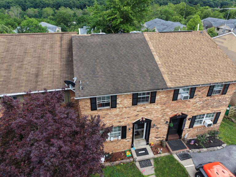 New roof installation on E Mosser St townhouse in Allentown, PA. Roofera completed a full double-layer tear-off, replaced 8 sheets of plywood decking, and installed GAF Timberline HDZ Shakewood shingles with FeltBuster underlayment and WeatherWatch ice & water shield.