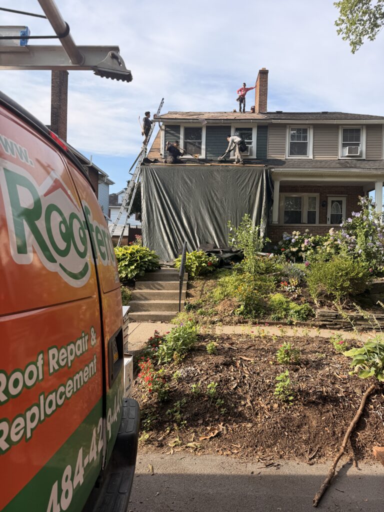 During half twin roof replacement in Bethlehem PA on West Union Blvd showing installation in progress by Roofera