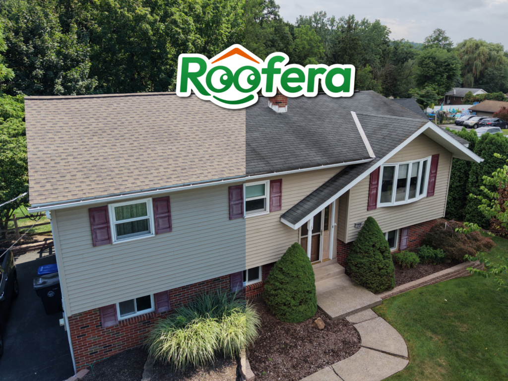 Roofera logo overlaid on a completed roof replacement project in the Lehigh Valley, PA