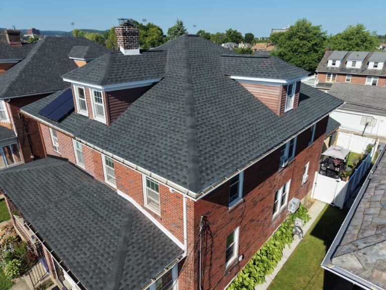 After photo — twin home roof replacement in Bethlehem PA on Linden St with new GAF Timberline HDZ Charcoal shingles by Roofera