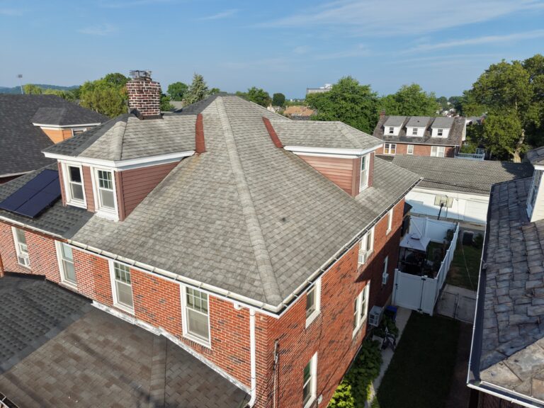 Before photo — twin home roof replacement in Bethlehem PA on Linden St showing aging roof prior to replacement by Roofera