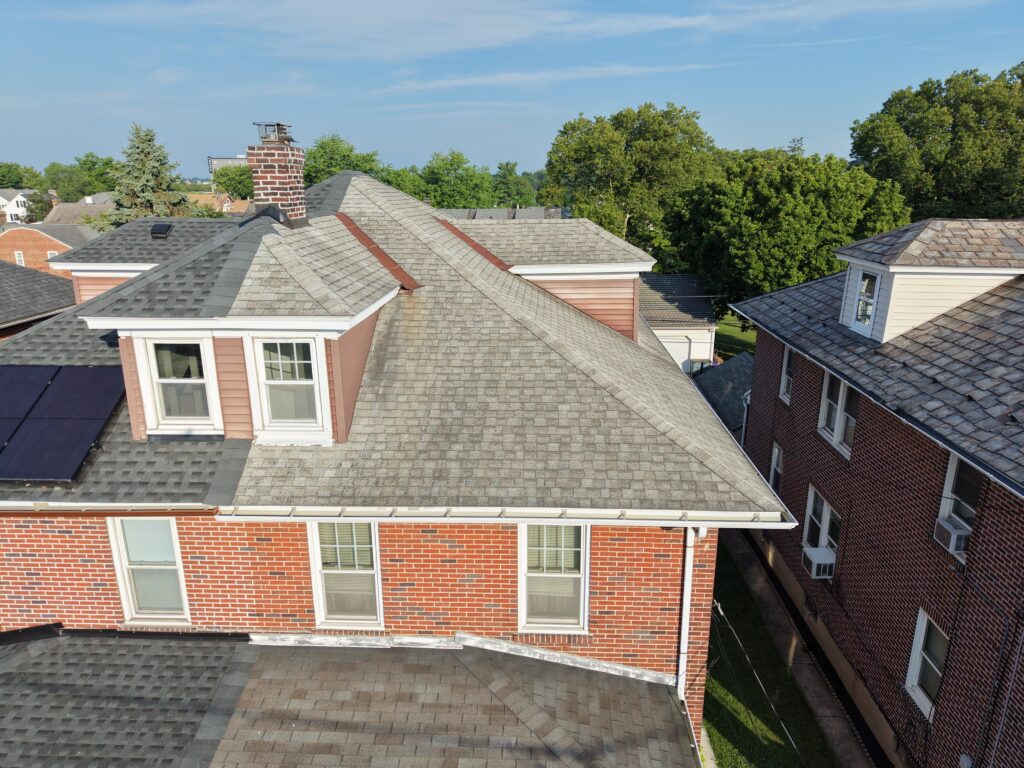 Before photo — twin home roof replacement in Bethlehem PA on Linden St showing existing roof condition prior to replacement by Roofera